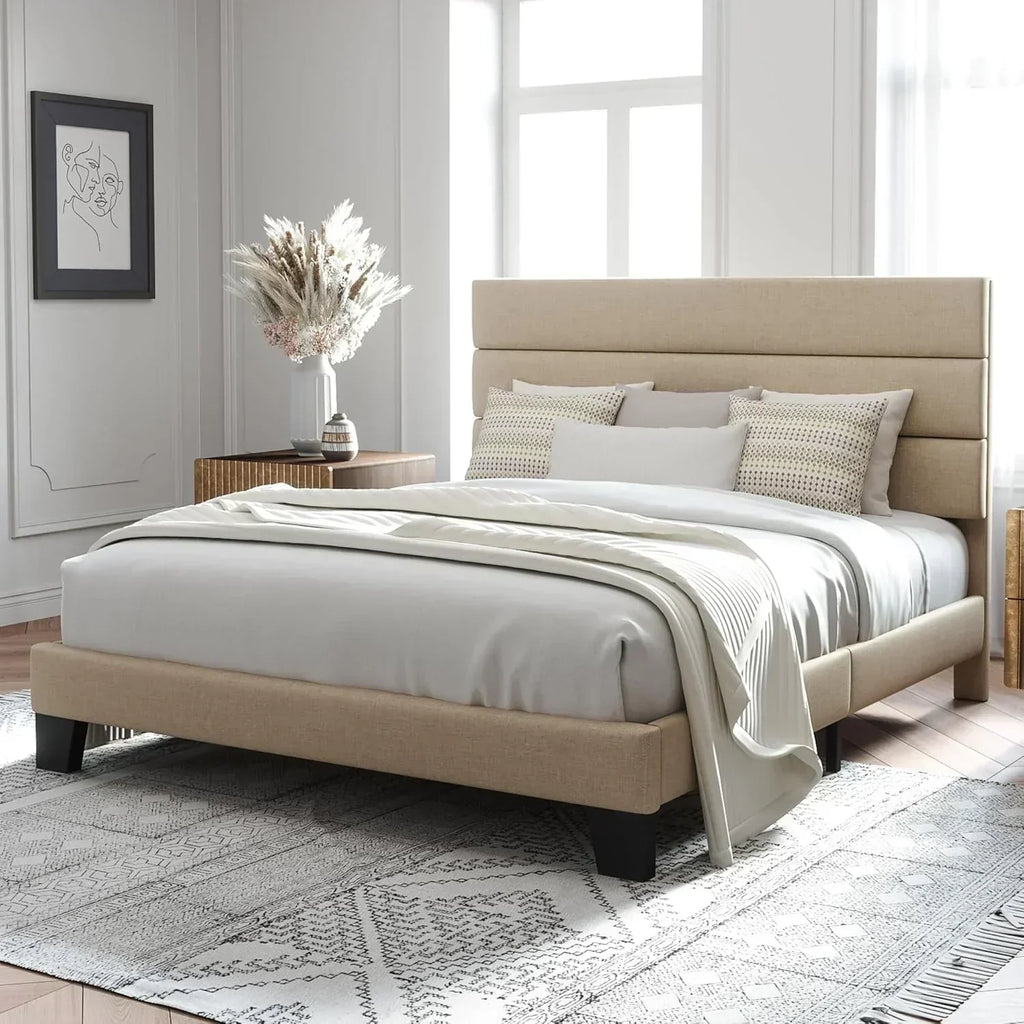Allewie Queen Size Platform Bed Frame with Fabric Upholstered Headboard Wooden Slats Support wourant