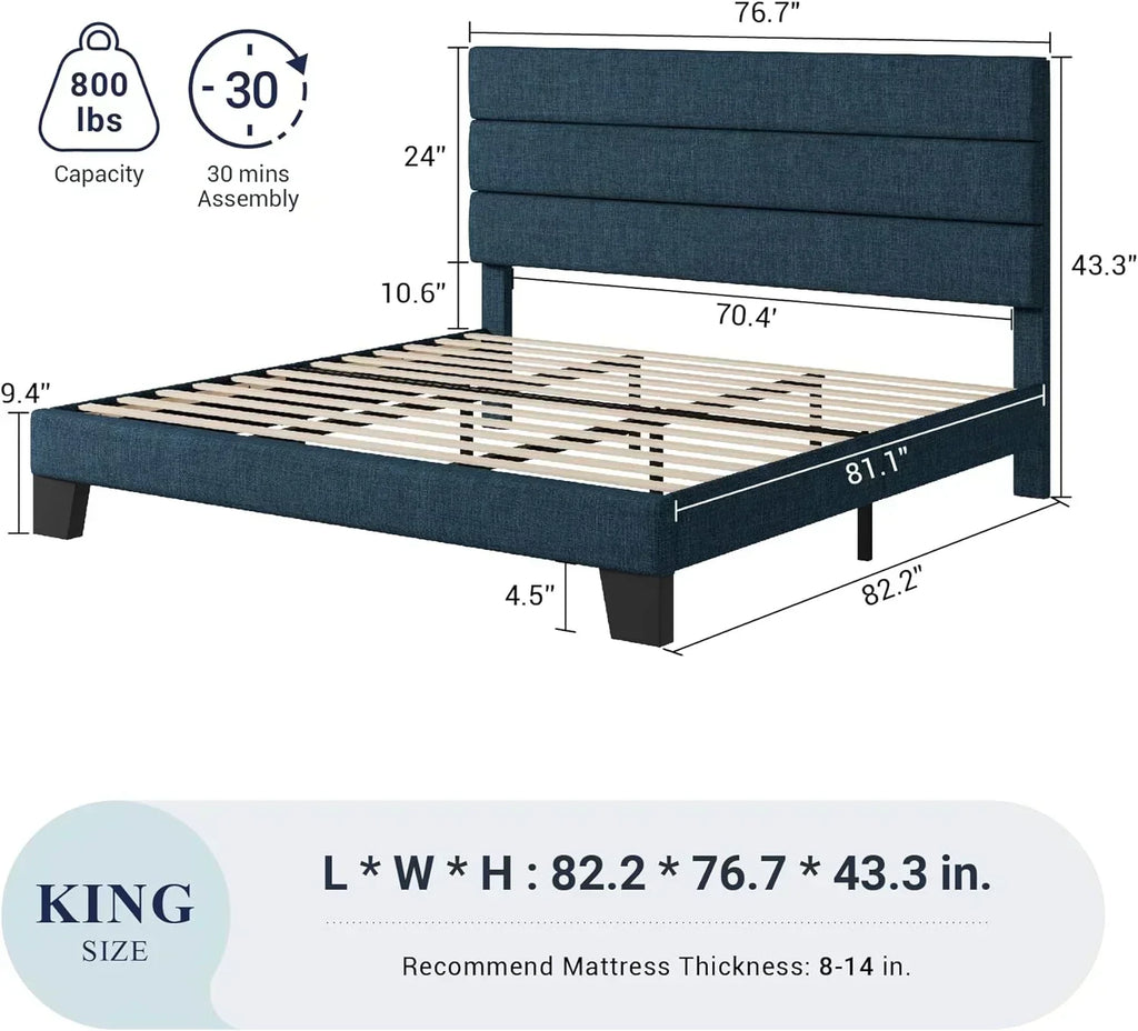Allewie King size platform bed frame with velvet upholstered headboard and planks wourant