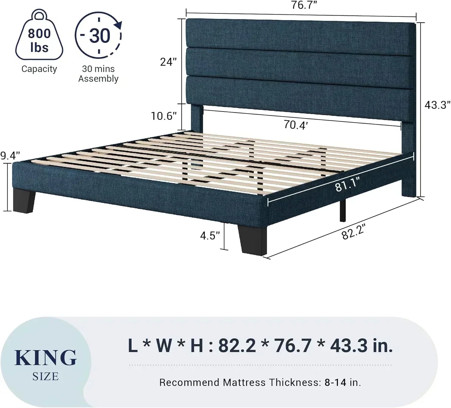 Allewie King size platform bed frame with velvet upholstered headboard and planks wourant