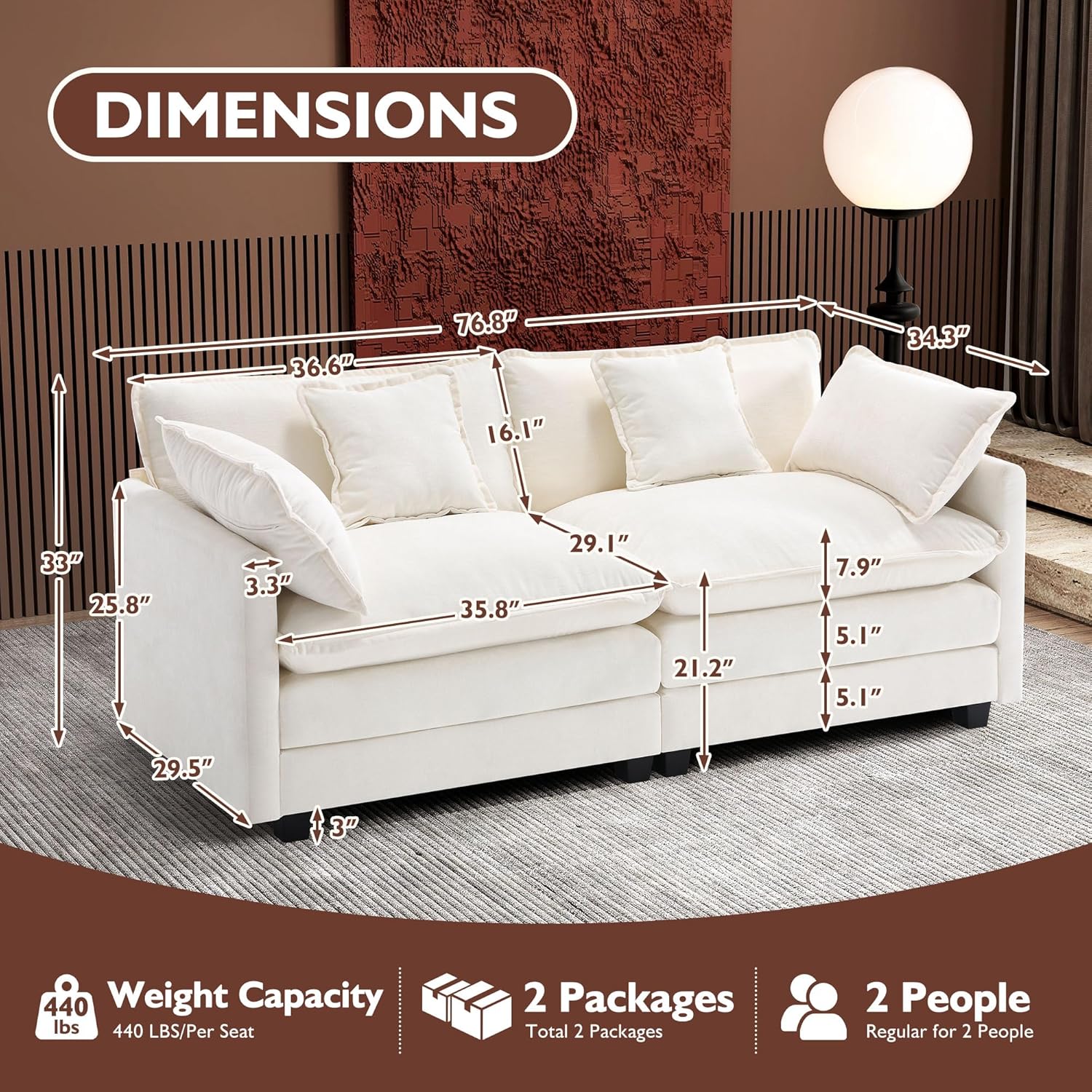 111.4 Inch L Shaped Modern Sofa Modular Cloud Sofa with Ottoman 4 Seater Chenille Deep Seat Sofa wourant