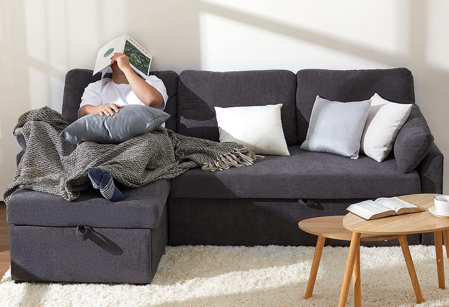 VanAcc Sofa Bed Sleeper Sofa with Storage Chaise 2 in 1 Pull Out Couch Living Room wourant