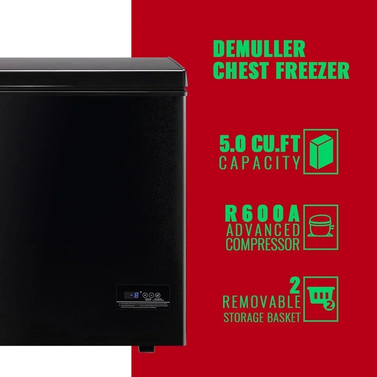 Chest Freezer 5.0Cubic Feet Deep Freezer Freestanding Freezers 2 Removable Stainless Steel Basket wourant