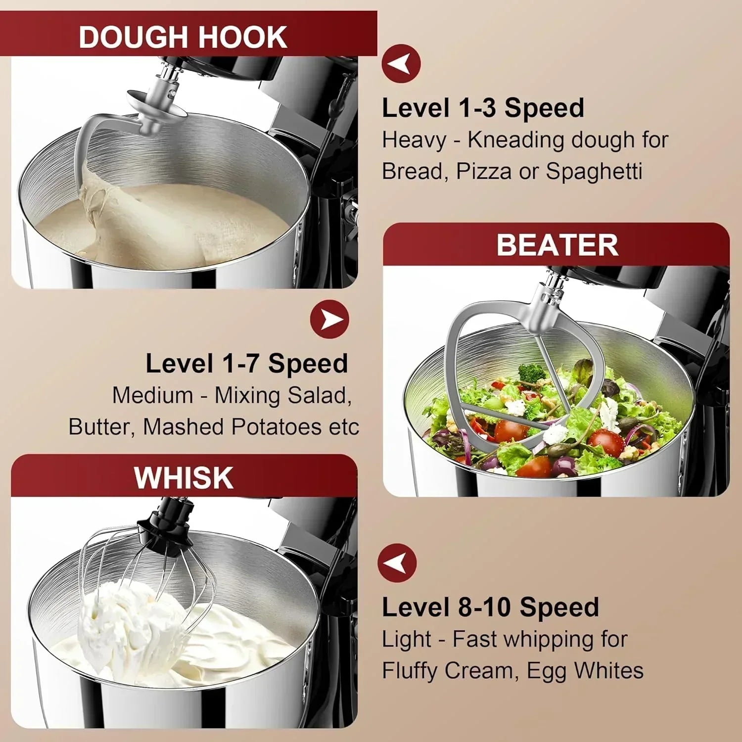 10-Speed Stand Mixer with 8-in-1 Splash Guard Tilt Head 6-Quart Stainless Steel Bowl wourant
