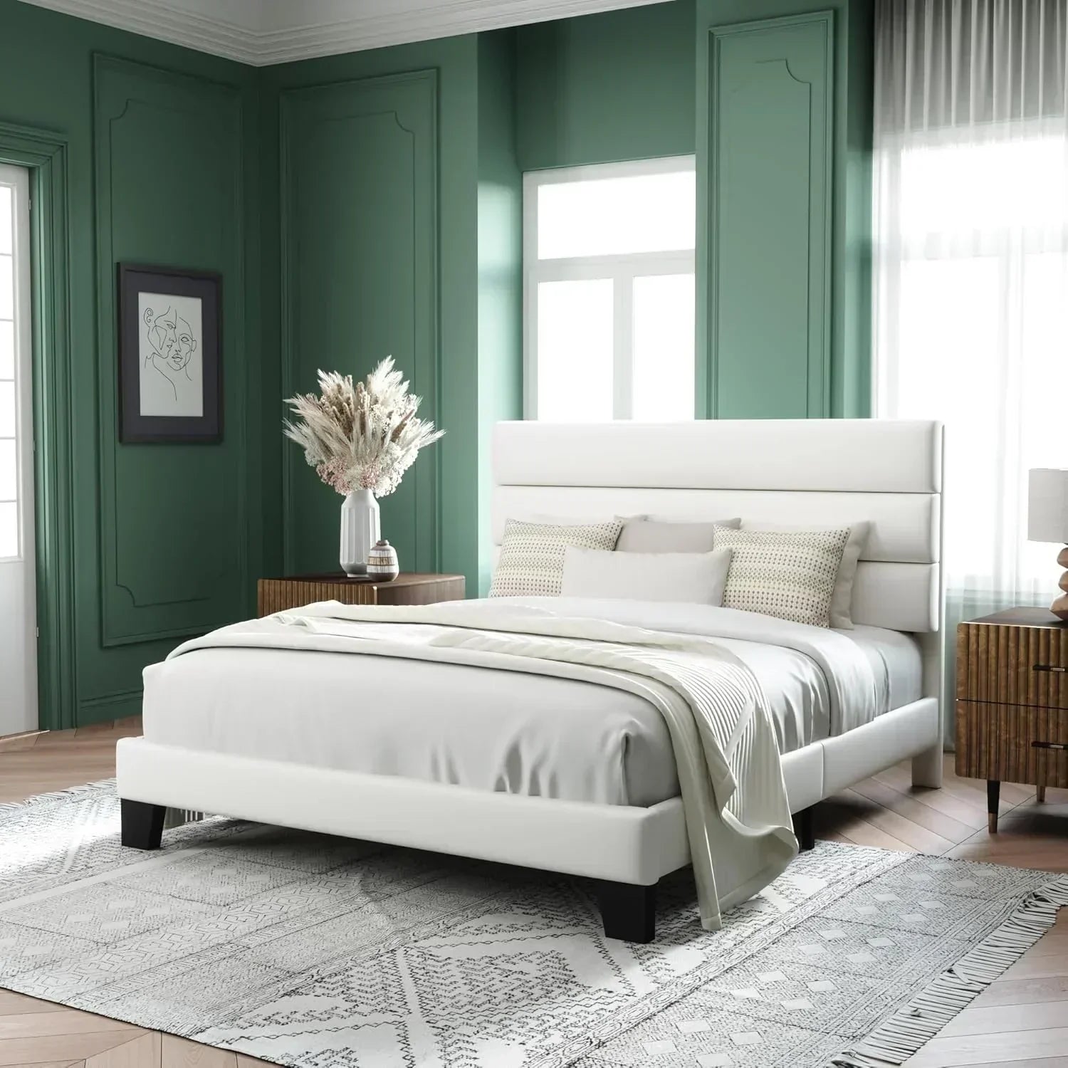 Allewie Queen Size Platform Bed Frame with Fabric Upholstered Headboard Wooden Slats Support wourant