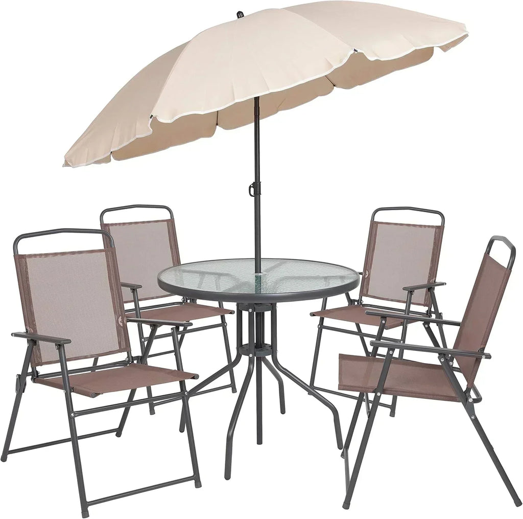 EMMA + OLIVER 6 Piece Brown Patio Garden Set with Umbrella Table Set of 4 Folding Chairs wourant