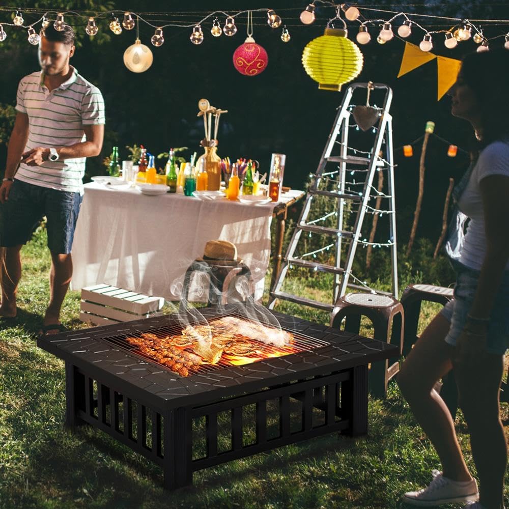 Yaheetech Multifunctional Fire Pit Table Square Metal Firepit Stove Backyard Patio Garden Fireplace wourant