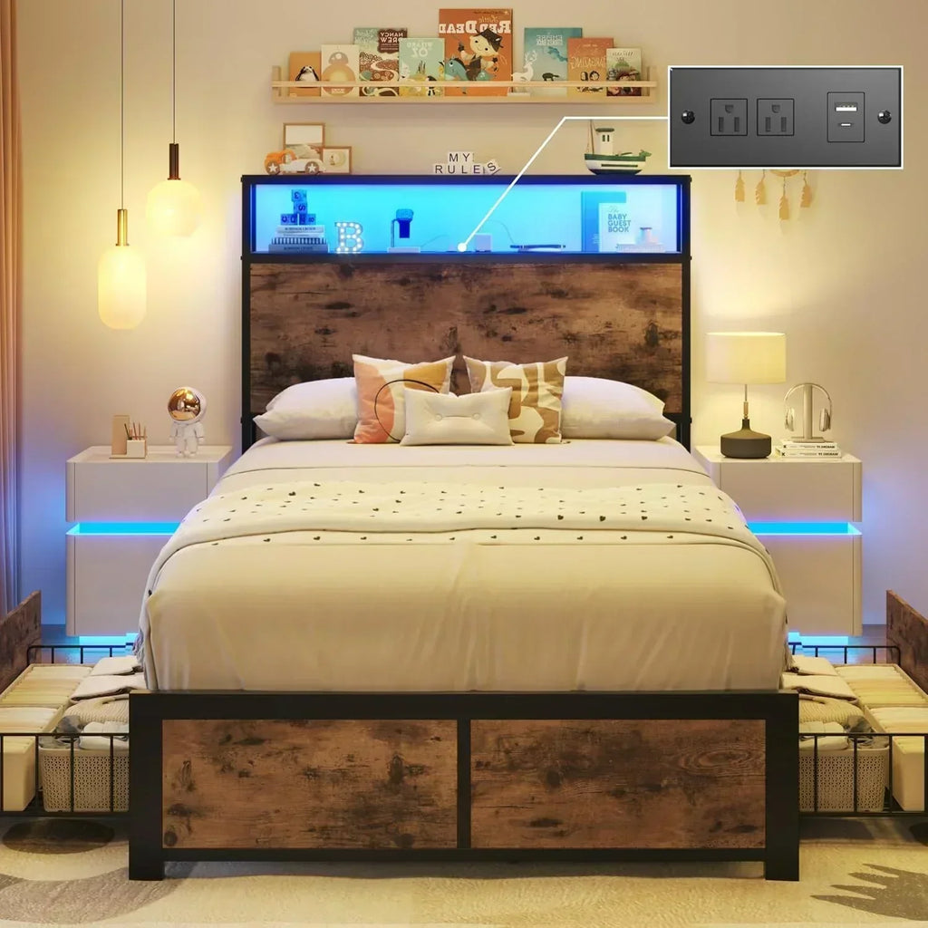 Lifezone Queen Bed Frame 2-Tier Storage Headboard Metal Platform Bed Frame 4 Storage Drawers wourant