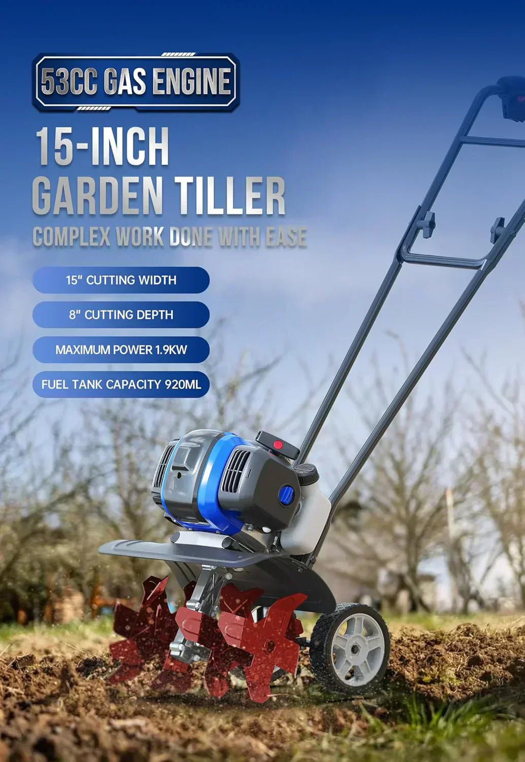 Garden Tiller 53cc Mini Cultivator 15 inch Powerful Liftable Booster Rod Tilling Tool wourant