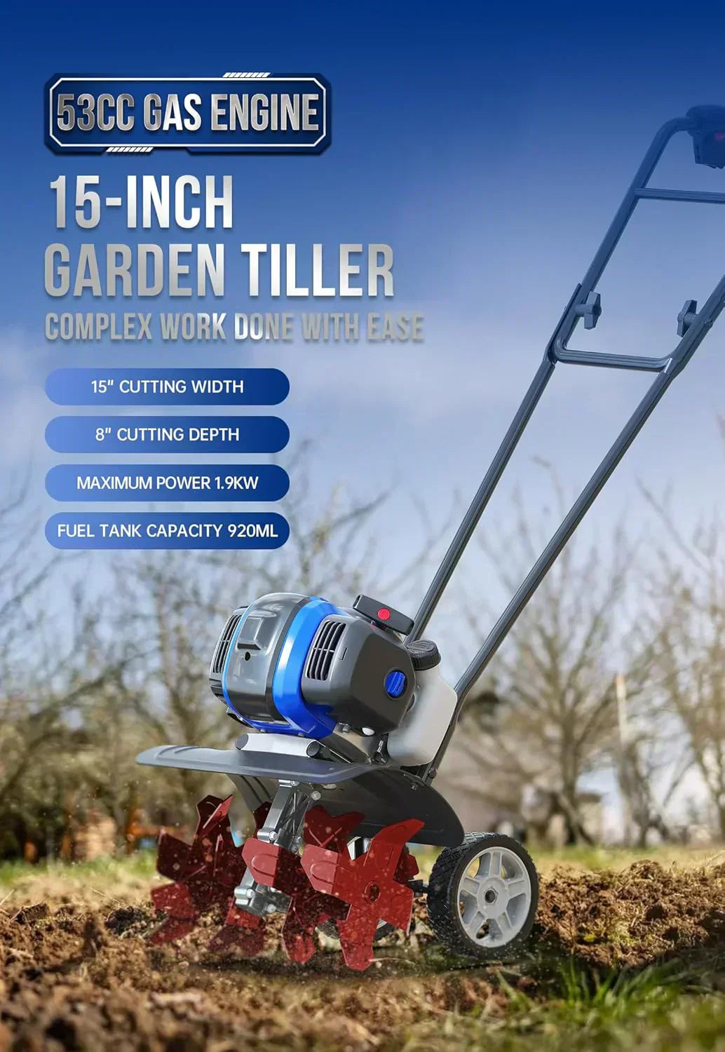 Garden Tiller 53cc Mini Cultivator 15 inch Powerful Liftable Booster Rod Tilling Tool wourant