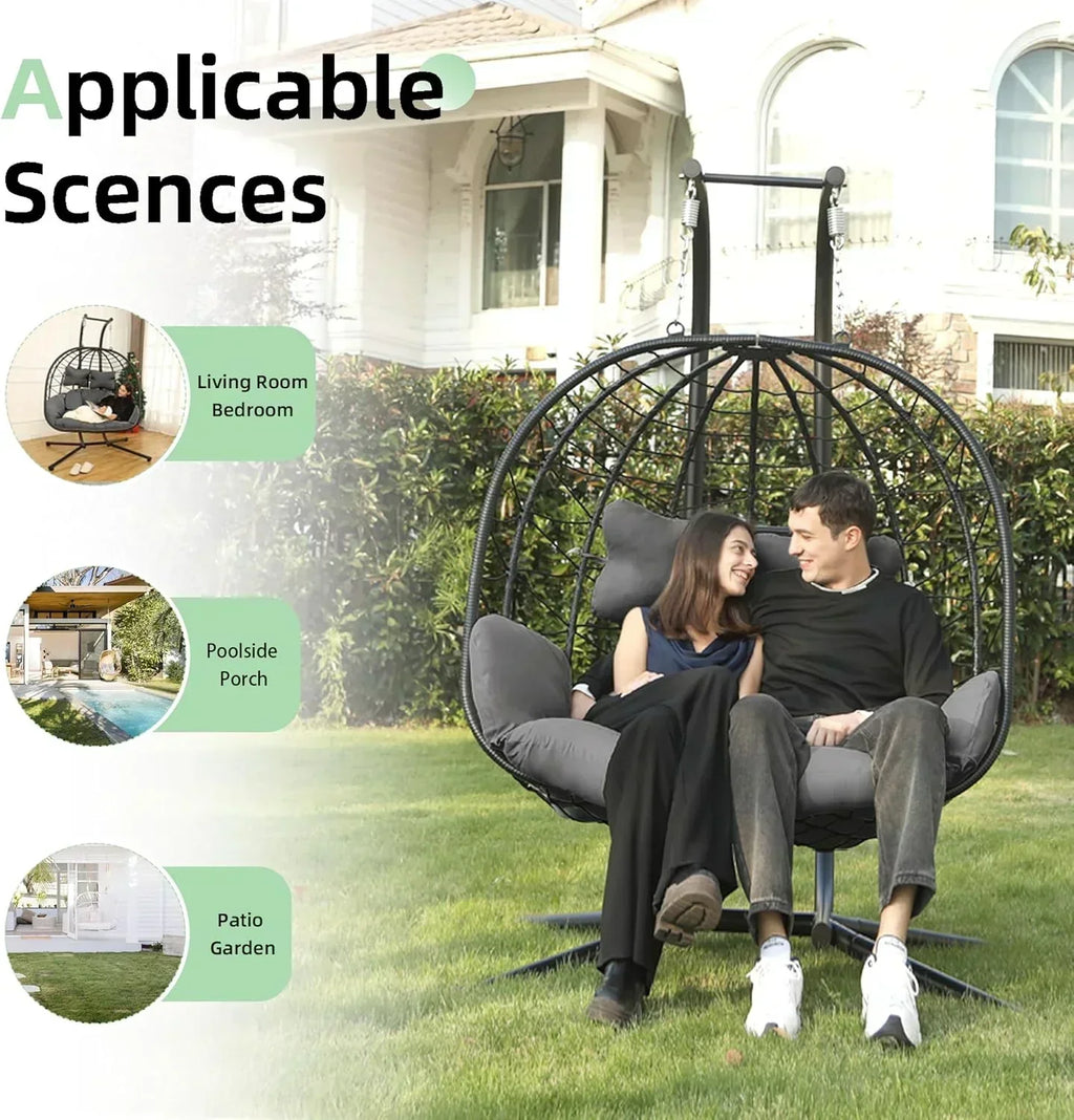 Double Egg Chair wth Stand Hammock Swing Chair Foldable Hanging Loveseat UV Resistant wourant