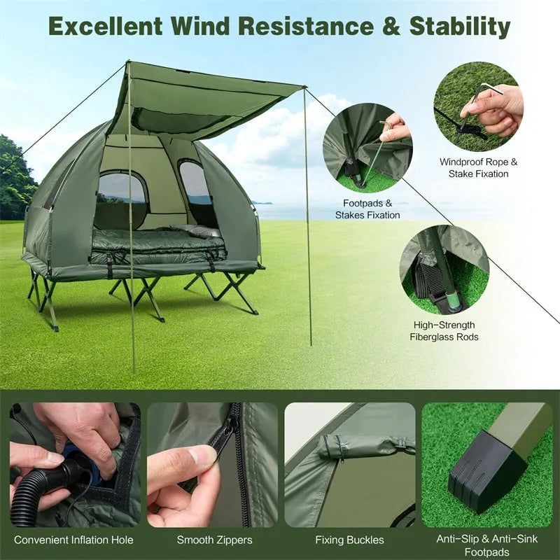 5-in-1 Tent Cot 2-Person Portable Outdoor Camping Tent Combo with Air Mattress Sleeping Bag wourant