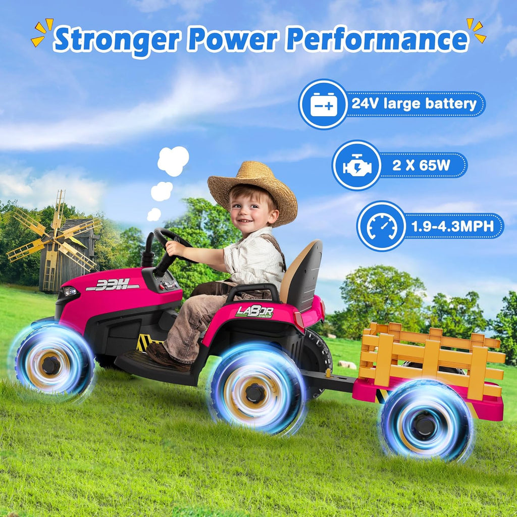 24V Ride On Tractor Tiltable Detachable Trailer 2x65W Motors EVA Tires Remote Control wourant