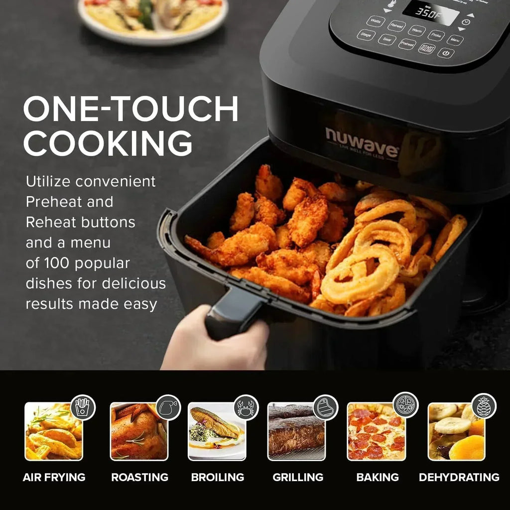 Nuwave Brio 15.5Qt Air Fryer Oven quickly reheats bakes and dehydrates food wourant