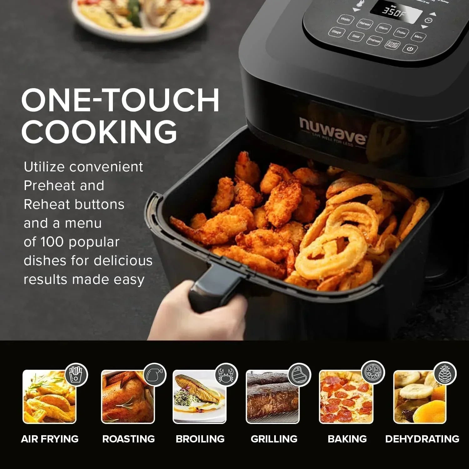 Nuwave Brio 15.5Qt Air Fryer Oven quickly reheats bakes and dehydrates food wourant