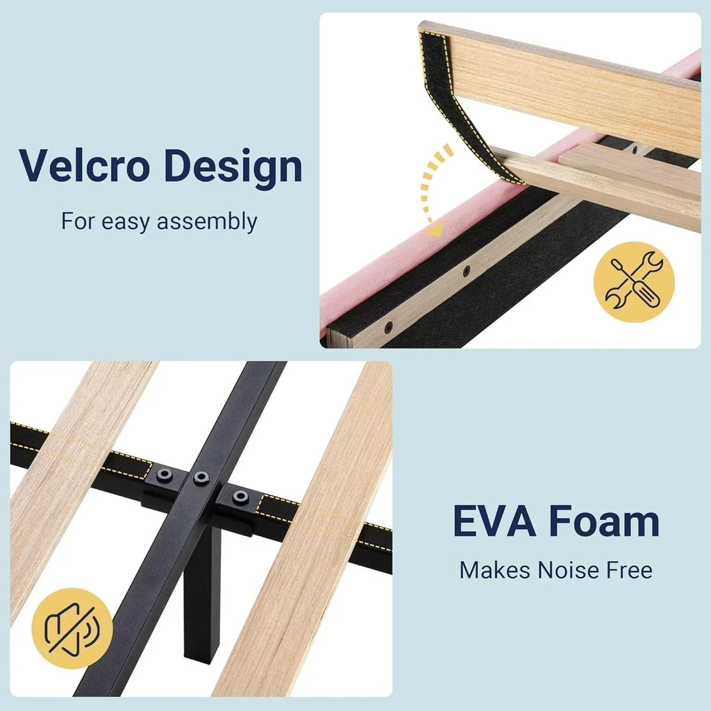 Allewie King size platform bed frame with velvet upholstered headboard and planks wourant