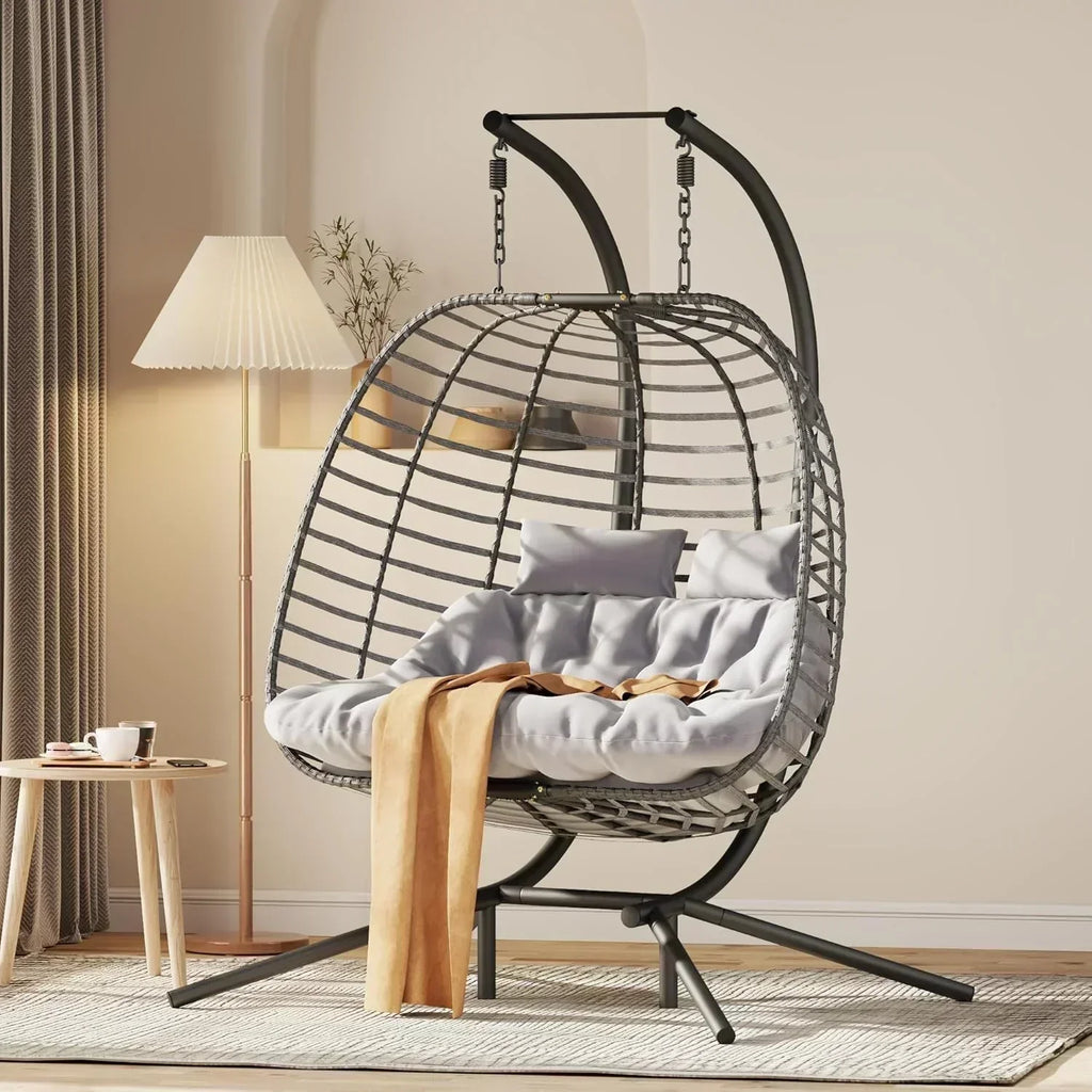 HWB Hanging Egg Chair with Stand Patio Wicker Hammock Egg Swing Chair Cushion for Bedroom wourant