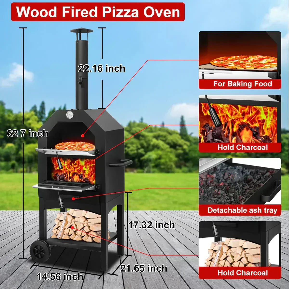 EDOSTORY Outdoor Pizza Oven Wood Fired for Outside Patio Maker With Stone Peel Grill Rack wourant