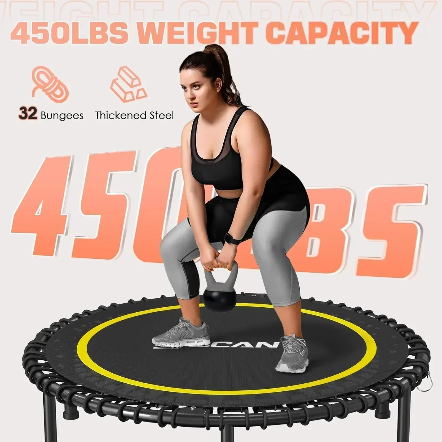 BCAN 450/550 LBS Foldable Mini Trampoline Fitness Trampoline Bungees Adjustable Foam Handle wourant
