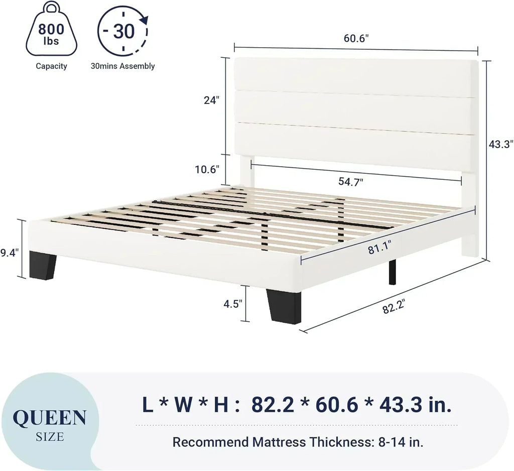Allewie King size platform bed frame with velvet upholstered headboard and planks wourant