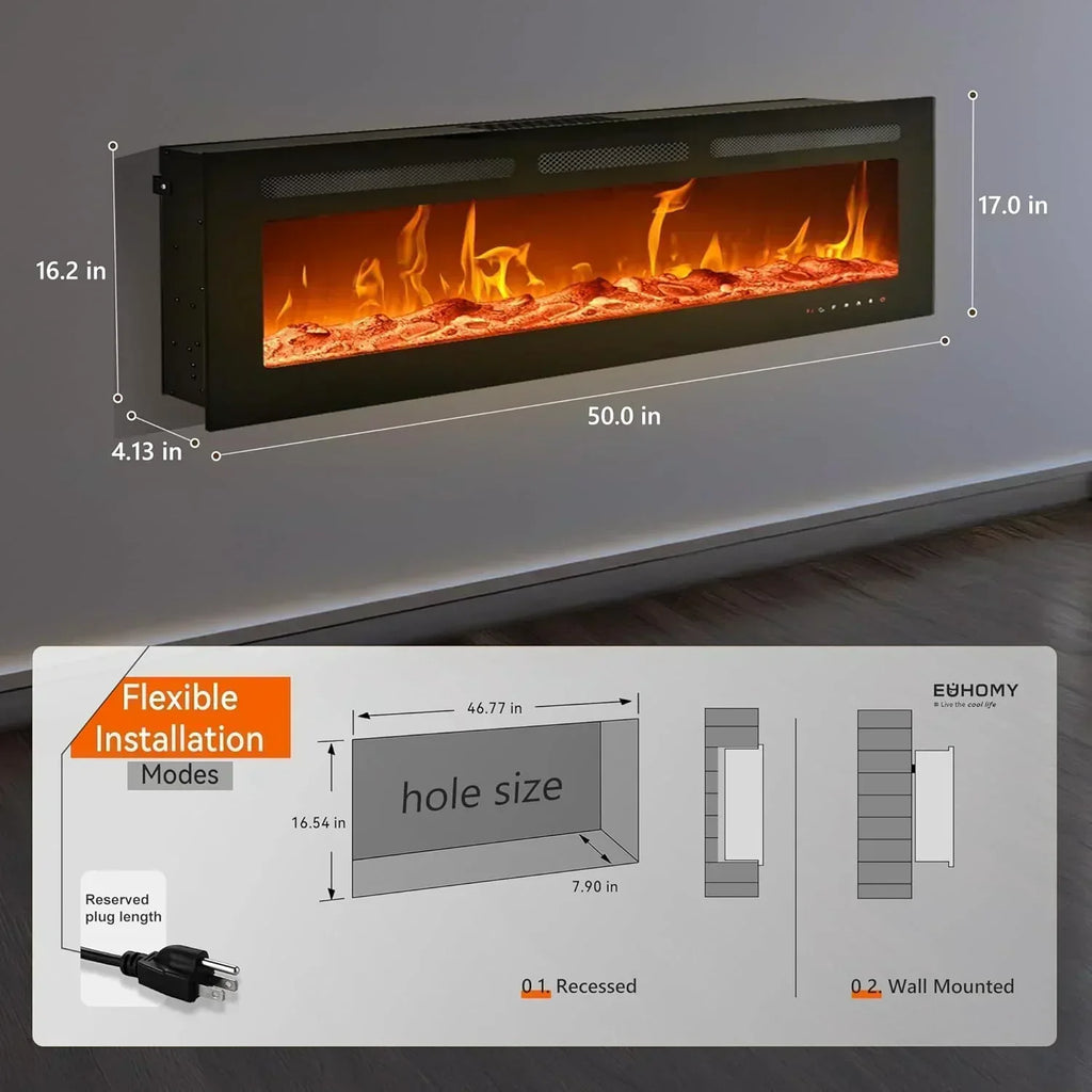 EUHOMY 50 Inch Electric Fireplace Wall Recessed Adjustable Flame Color Fireplace Heater wourant