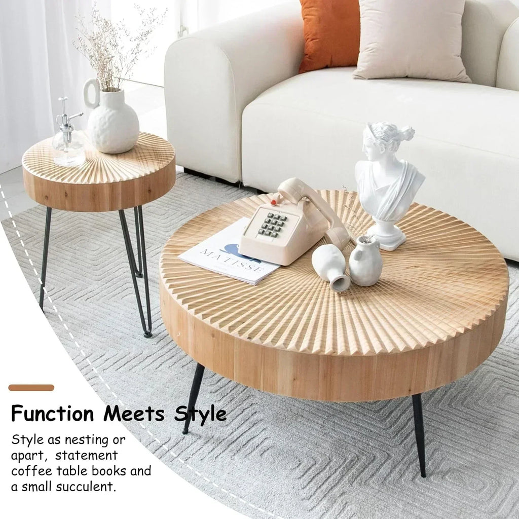 Two-Piece Modern Farmhouse Living Room Coffee Table Set Round Nesting Tables wourant