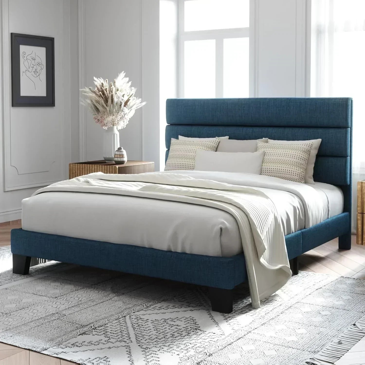 Allewie Queen Size Platform Bed Frame with Fabric Upholstered Headboard Wooden Slats Support wourant