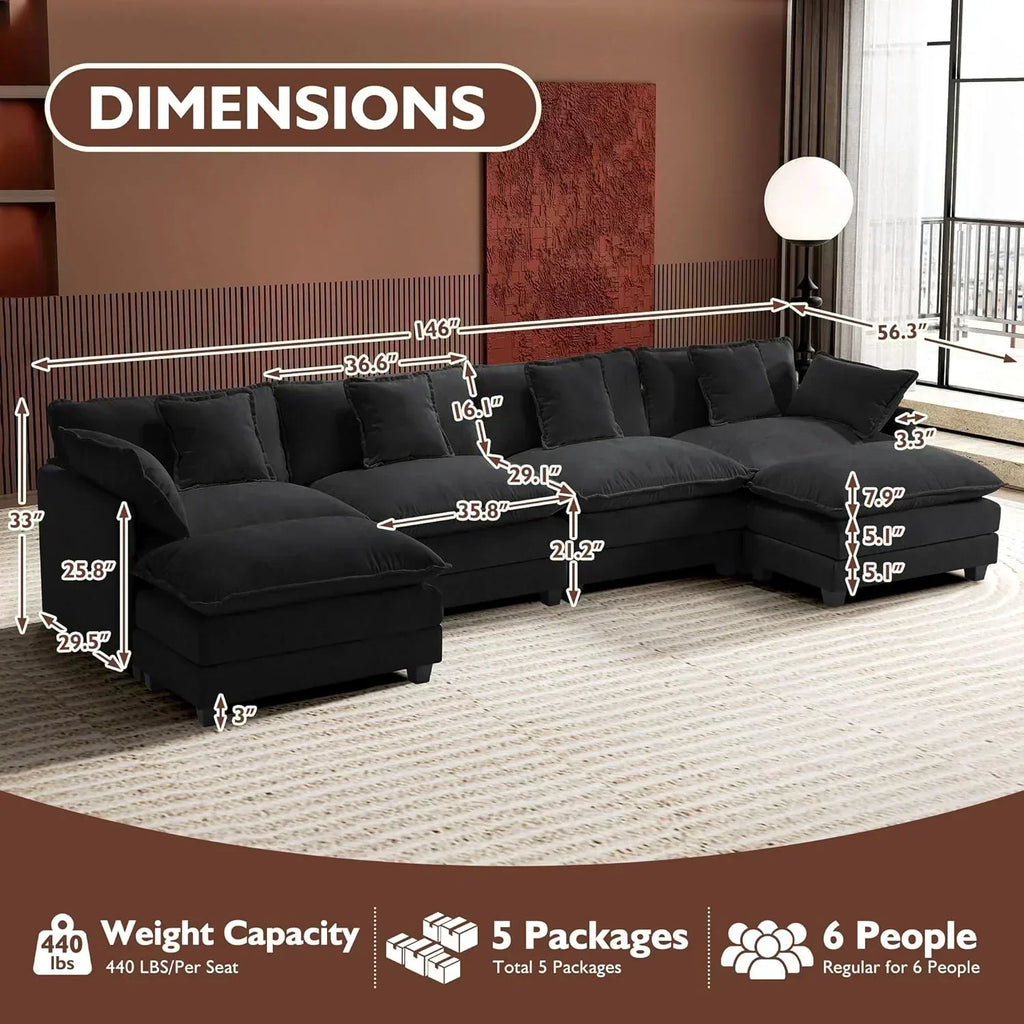 ihanherry 146-inch U-shaped modern sofa modular area cloud sofa wourant