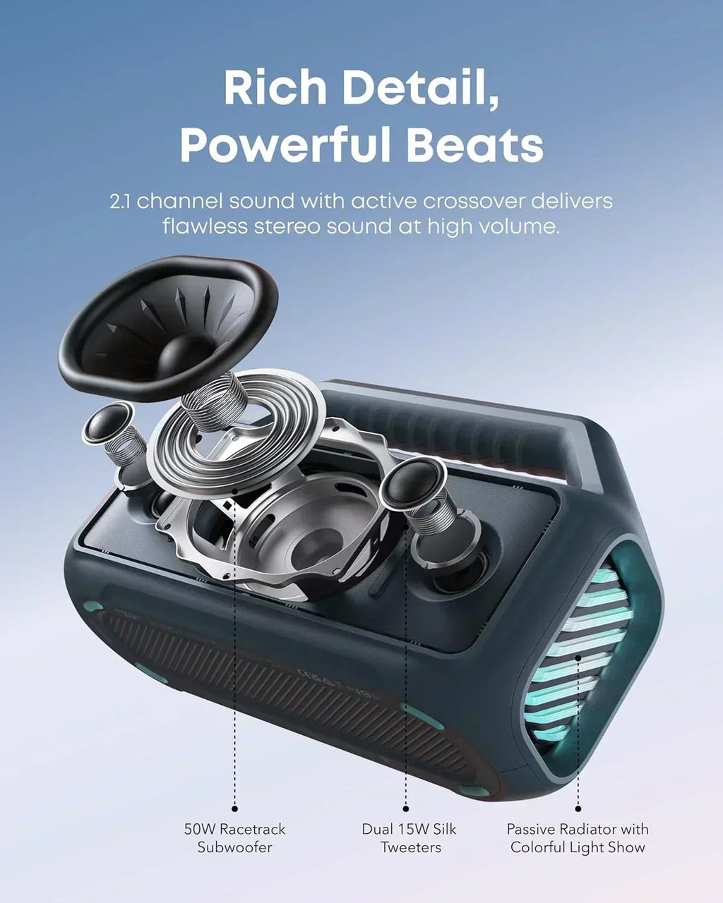 Outdoor Speaker 80W Subwoofer BassUp 2.0 24H Playtime IPX7 Waterproof Floatable RGB Lights wourant