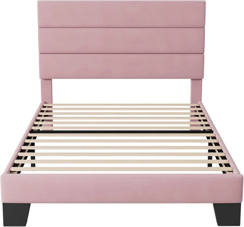 Allewie King size platform bed frame with velvet upholstered headboard and planks wourant