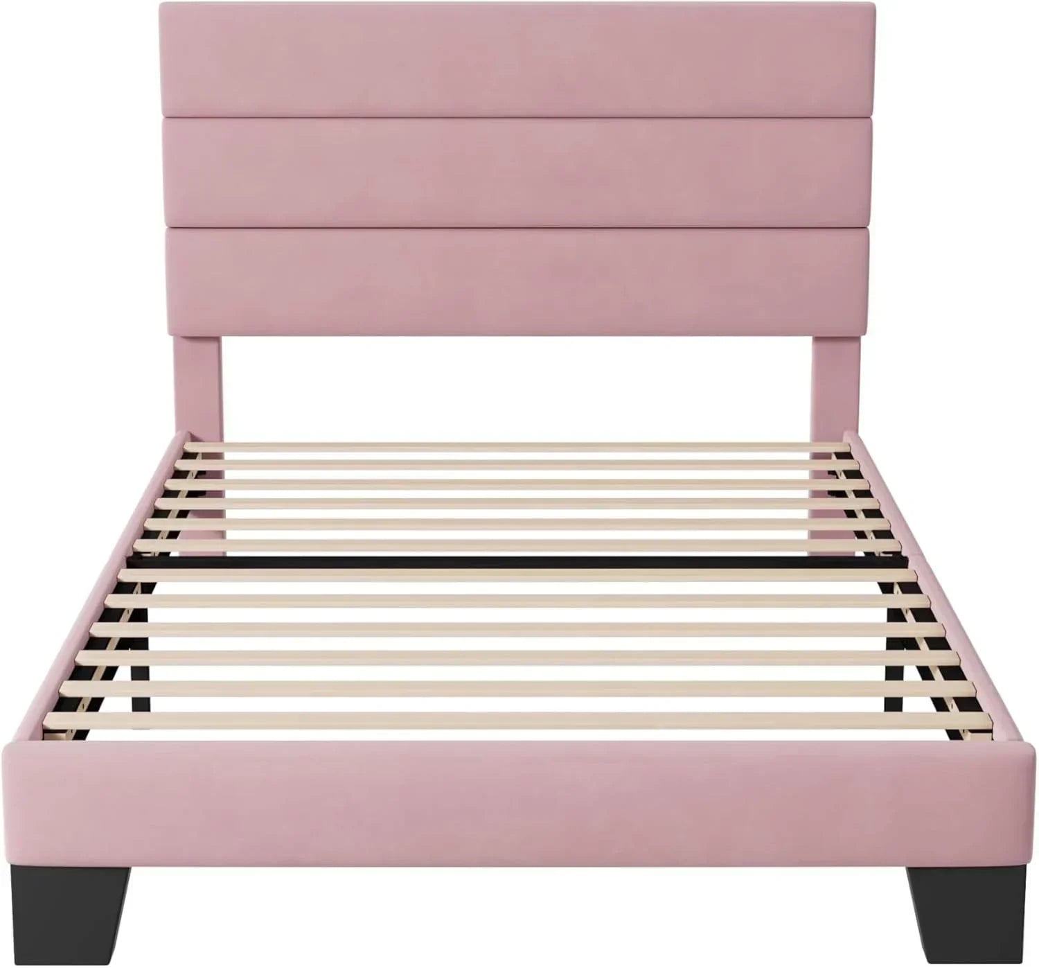 Allewie King size platform bed frame with velvet upholstered headboard and planks wourant
