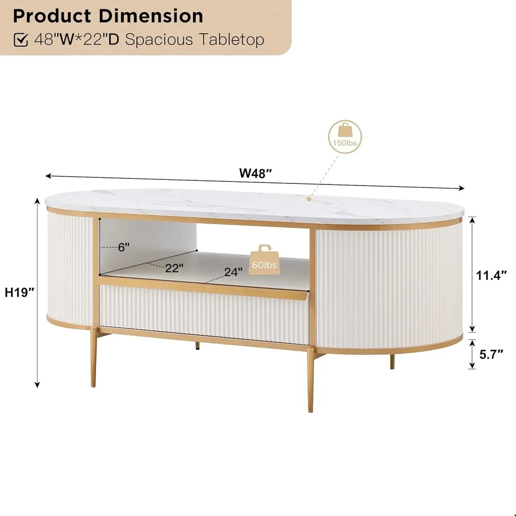 OKD Modern Luxury Grooved Coffee Table 48 Inch Oval Coffee Table Drawers Imitation Marble Top wourant