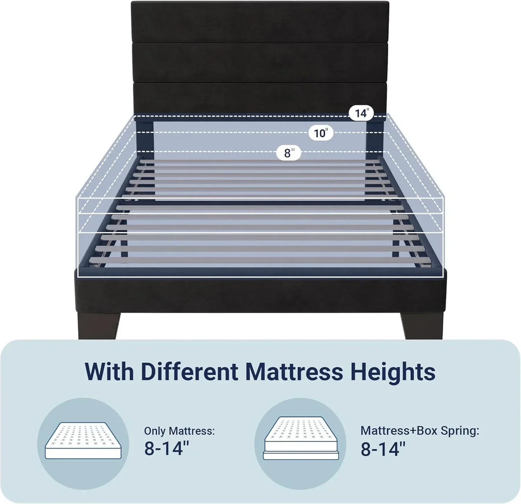 Allewie King size platform bed frame with velvet upholstered headboard and planks wourant