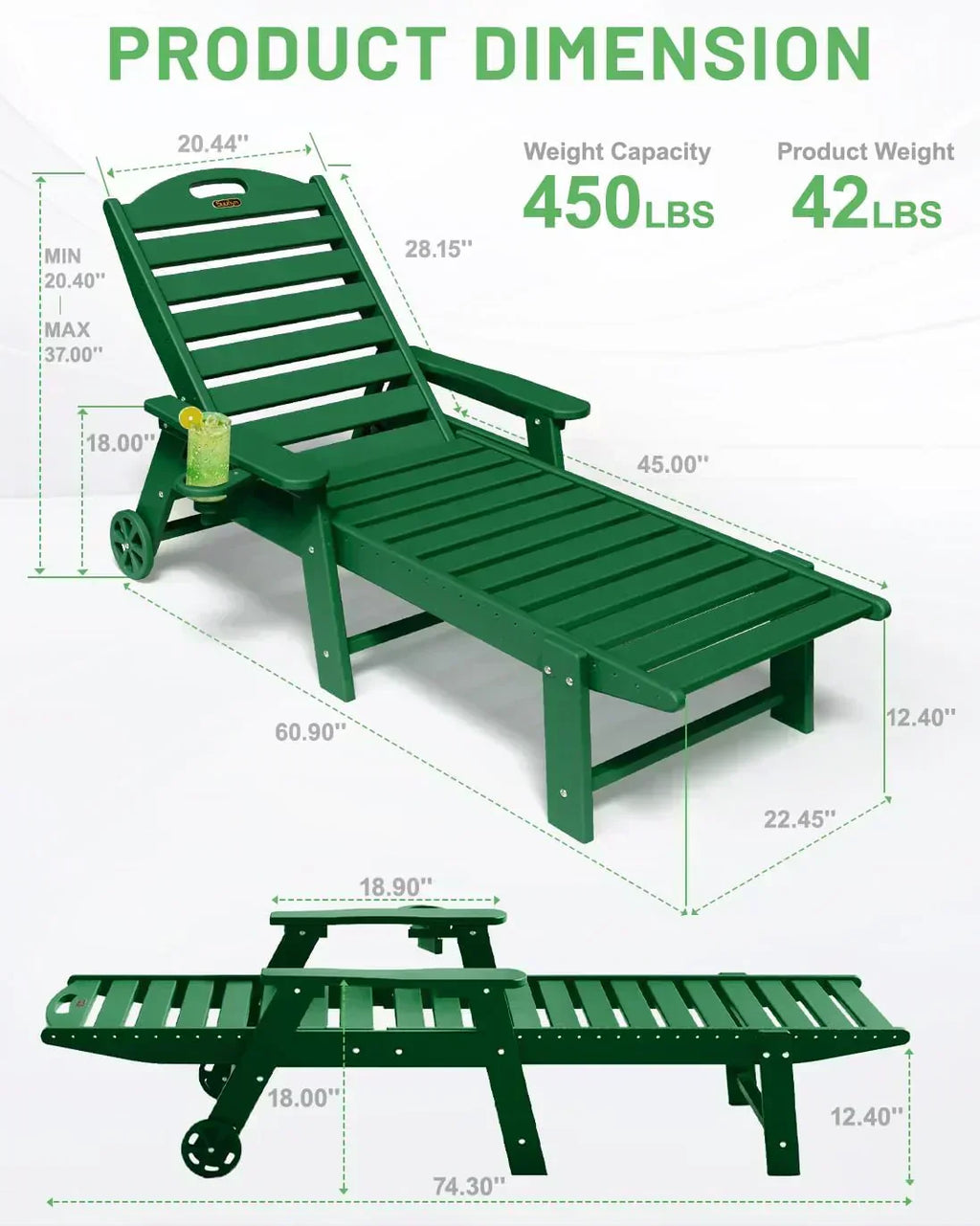 Lounge Chair Outdoor Chaise Lounge HDPE 6-Position Outdoor Chaise Lounge Patio Lounge Chair wourant