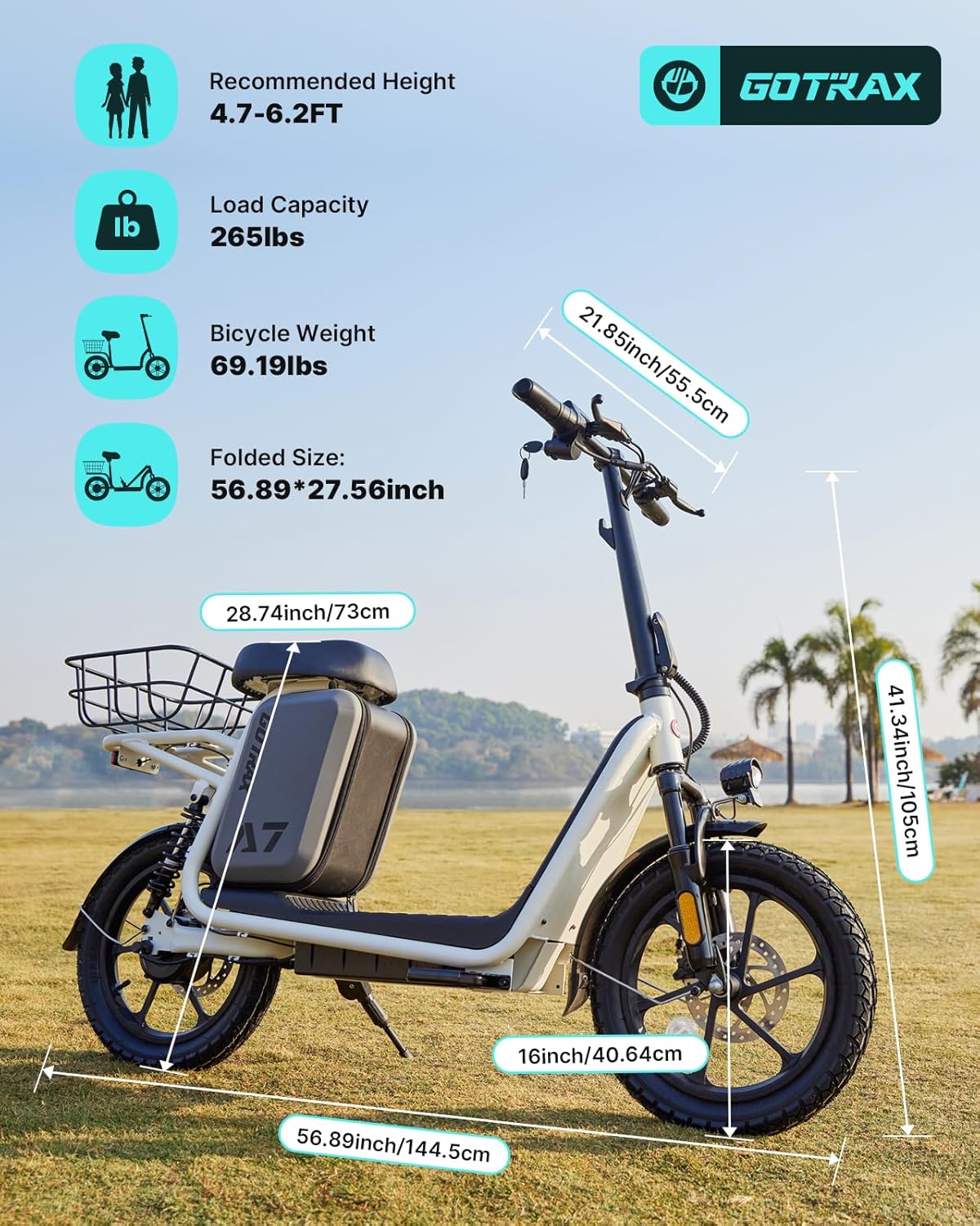 Gotrax adult electric scooter with seat maximum range of 19-25 miles all-terrain tires wide pedals wourant