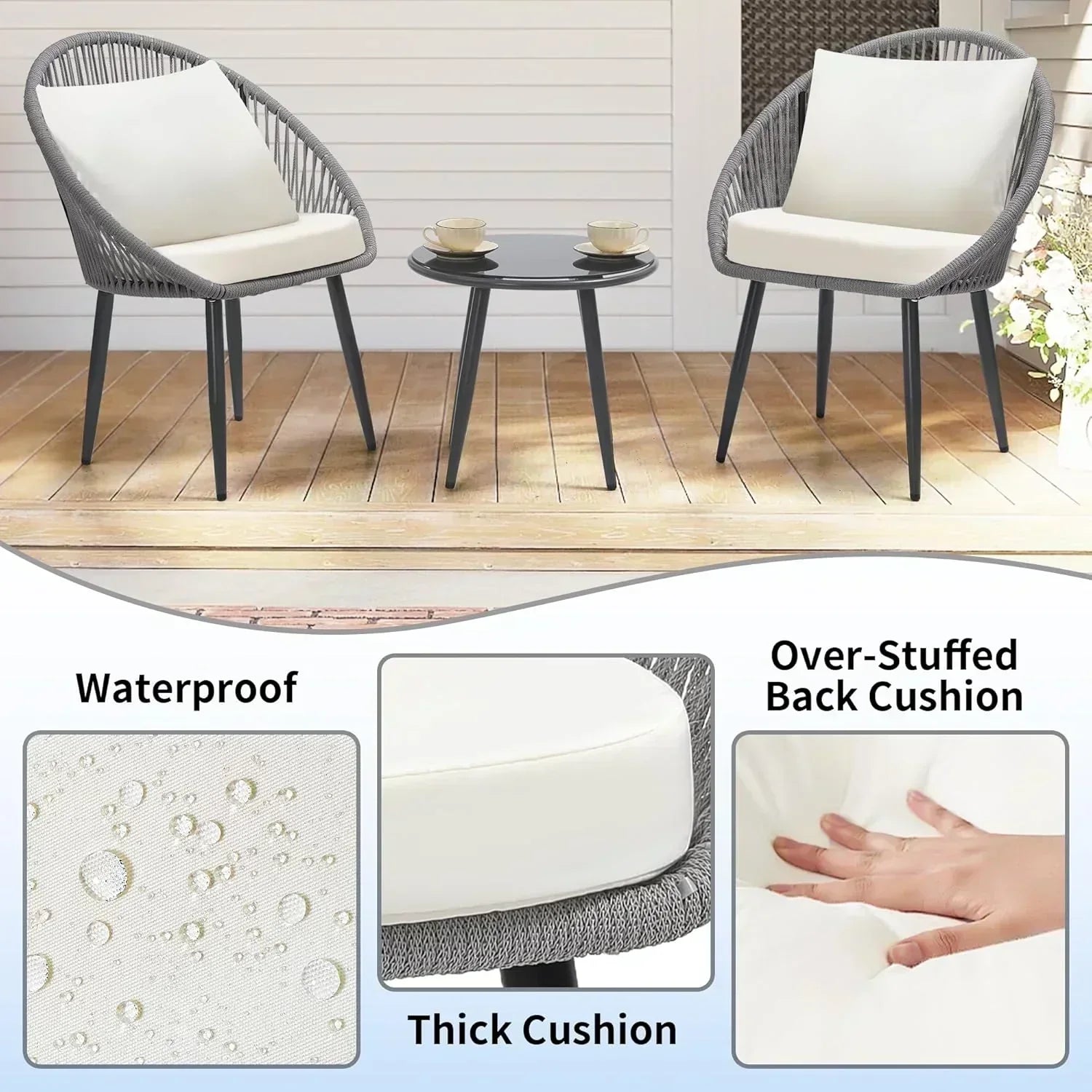3 Piece Bistro Set Woven Rope Chair with Cushions All Weather Patio Conversation Set Side Table wourant