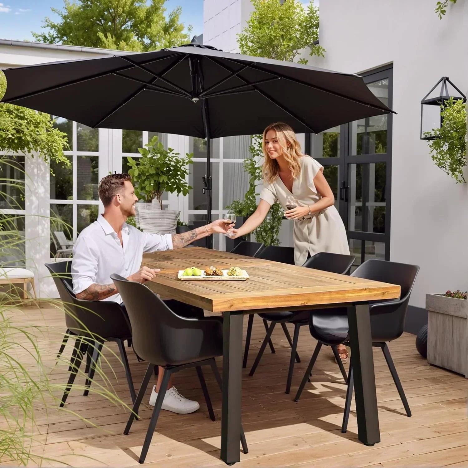 Devoko Home Acacia Wood Dining Table 6-Person Indoor Outdoor Table Iron Legs Sandblast Finish wourant