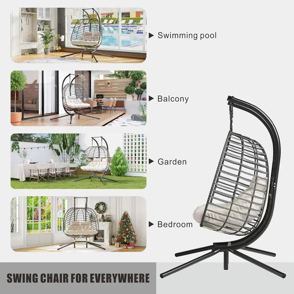 HWB Hanging Egg Chair with Stand Patio Wicker Hammock Egg Swing Chair Cushion for Bedroom wourant