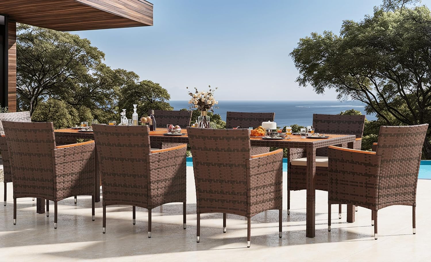Devoko Dining 7 PCS Furniture Patio Conversation Set with Acacia Wood Table Top Rattan Outdoor wourant