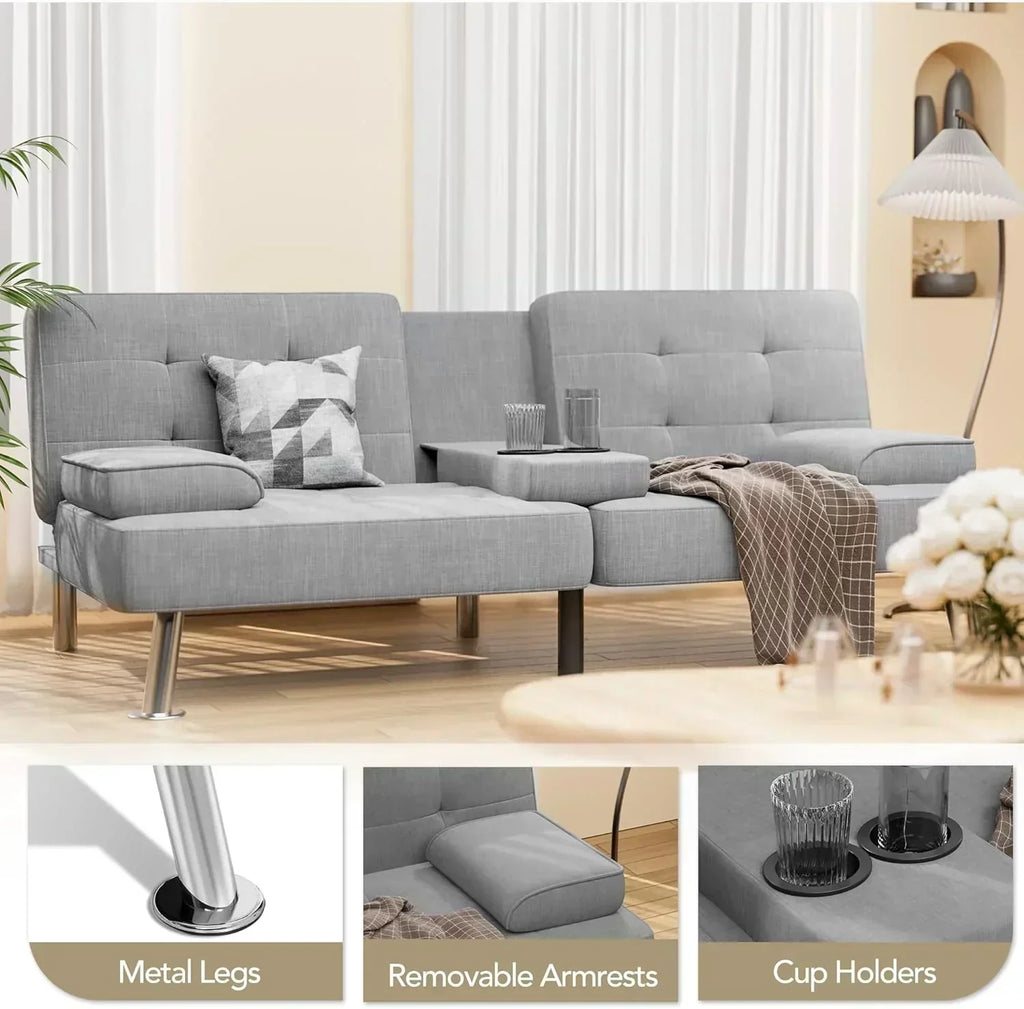 Shahoo Modern Linen Upholstered Convertible Folding Futon Sofa Bed with Removable Armrests wourant