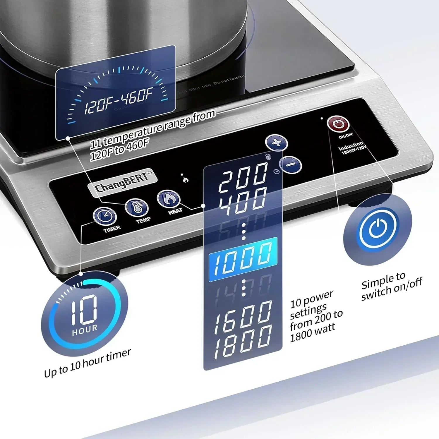 Induction Cooktop Portable Cooker with 8-inch Heating Coil Stainless Steel Countertop Burner wourant