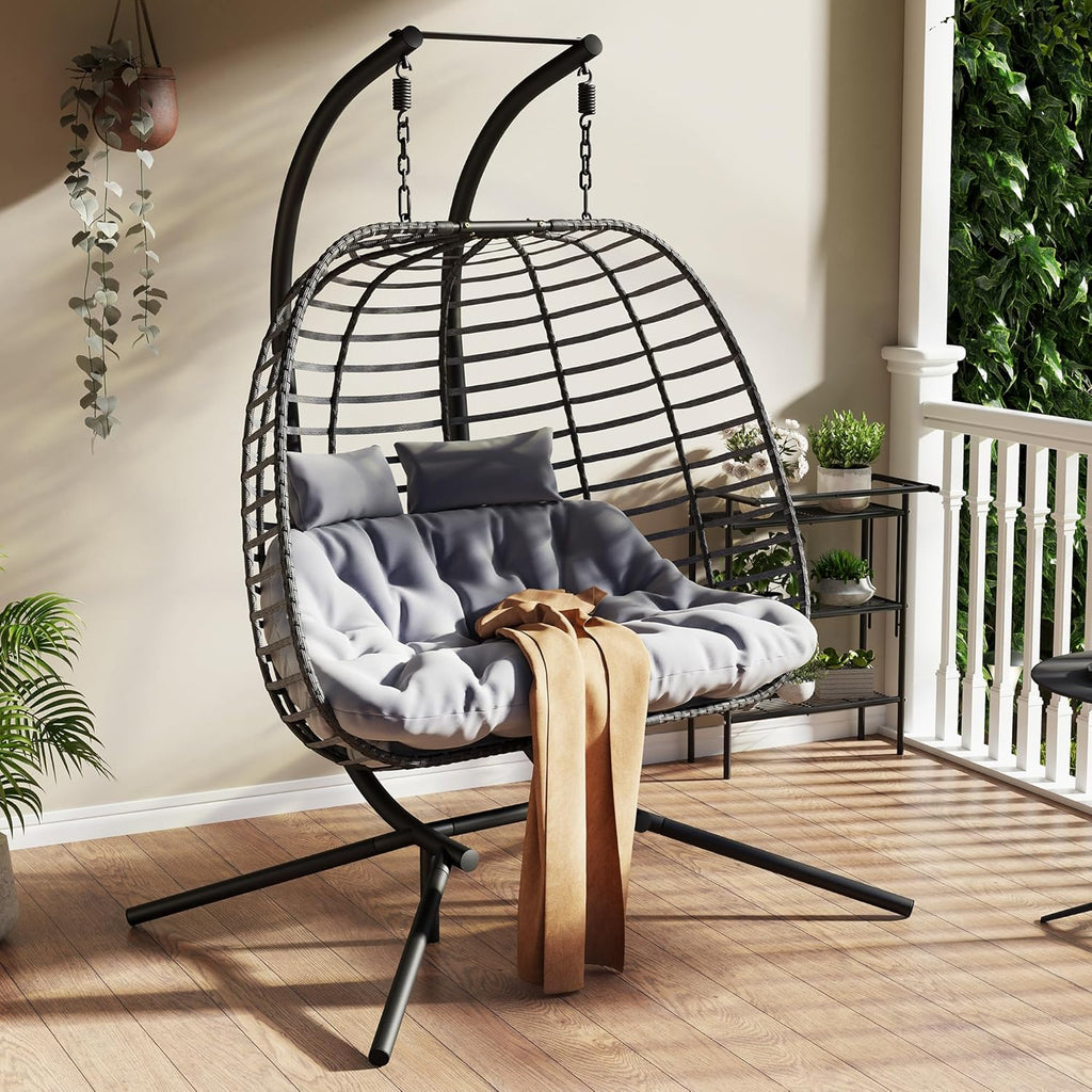 HWB Hanging Egg Chair with Stand Patio Wicker Hammock Egg Swing Chair Cushion for Bedroom wourant