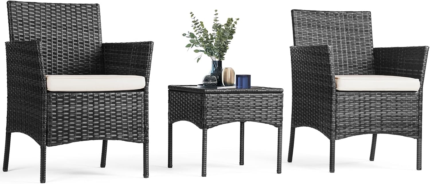 Sweetcripy Patio Furniture Set 3 Pieces Outdoor Furniture with Soft Cushion and Glass Table wourant