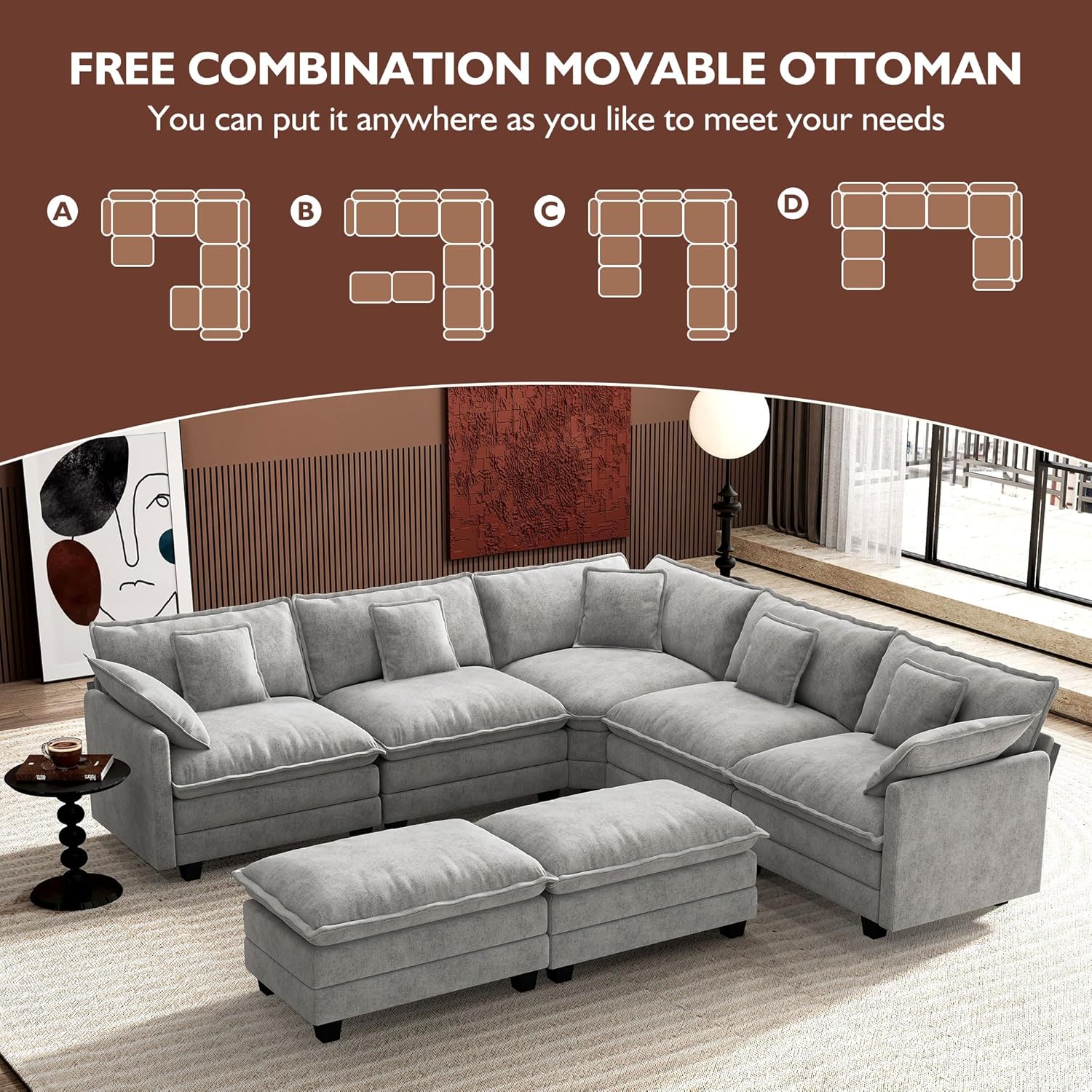 ihanherry 146-inch U-shaped modern sofa modular area cloud sofa wourant