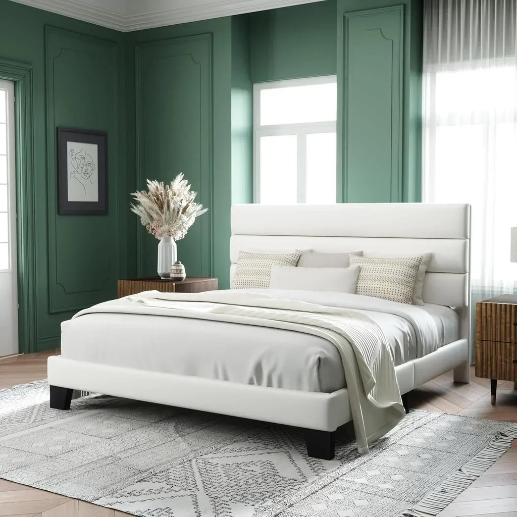 Allewie Queen Size Platform Bed Frame with Fabric Upholstered Headboard Wooden Slats Support wourant