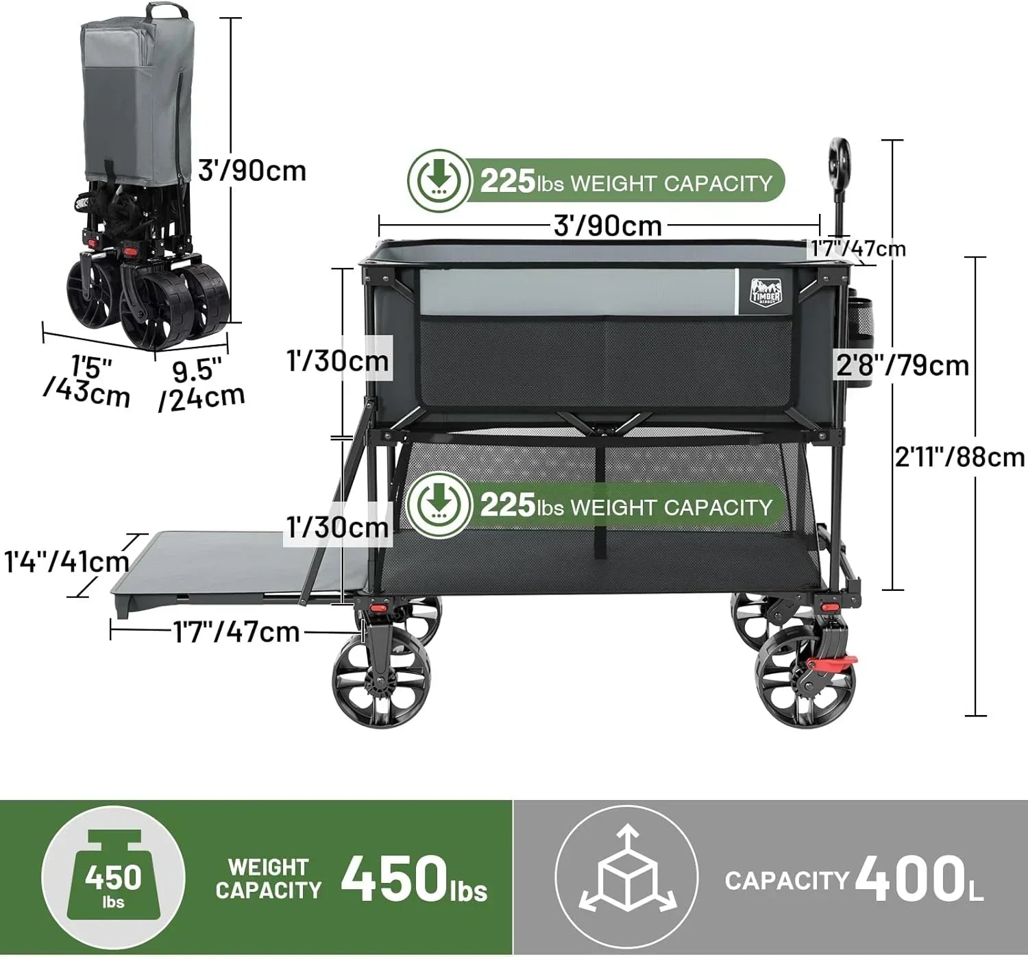 400L Large Capacity Folding Double Decker Cart with Brakes 54 Inch Extra Long Extended Cart wourant