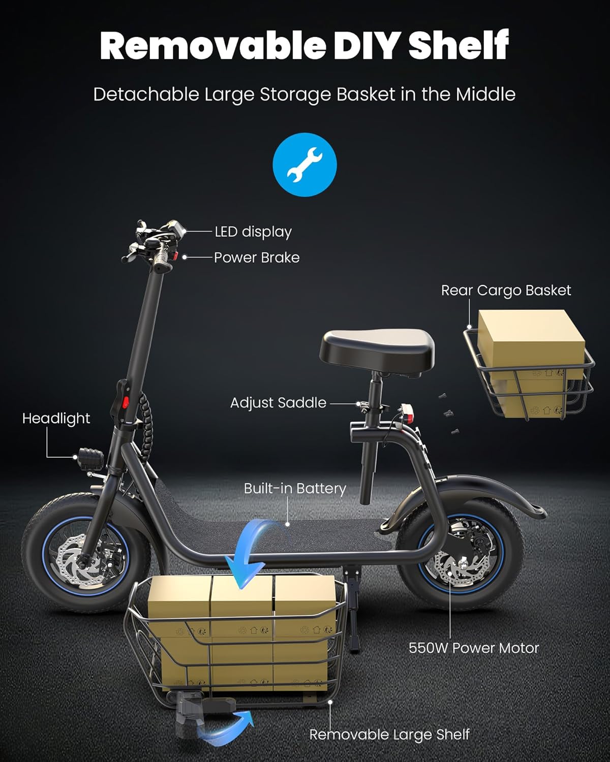 Gyroor Adult Electric Scooter with Large Center Basket 20 Mile Range Foldable and Seat wourant