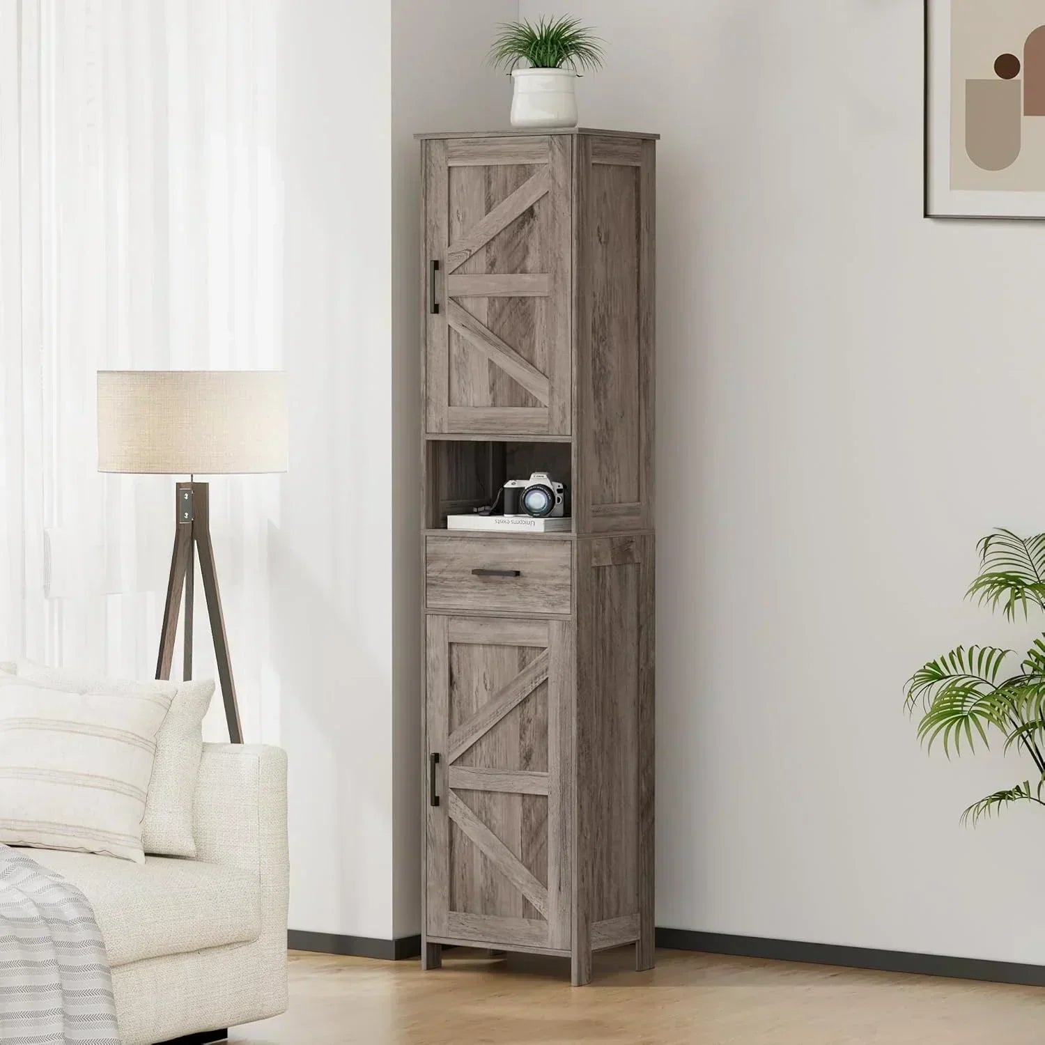 Homhedy 67" H Tall Bathroom Storage Cabinet with 2 Barn Doors and 1 Drawer Narrow Storage Unit wourant