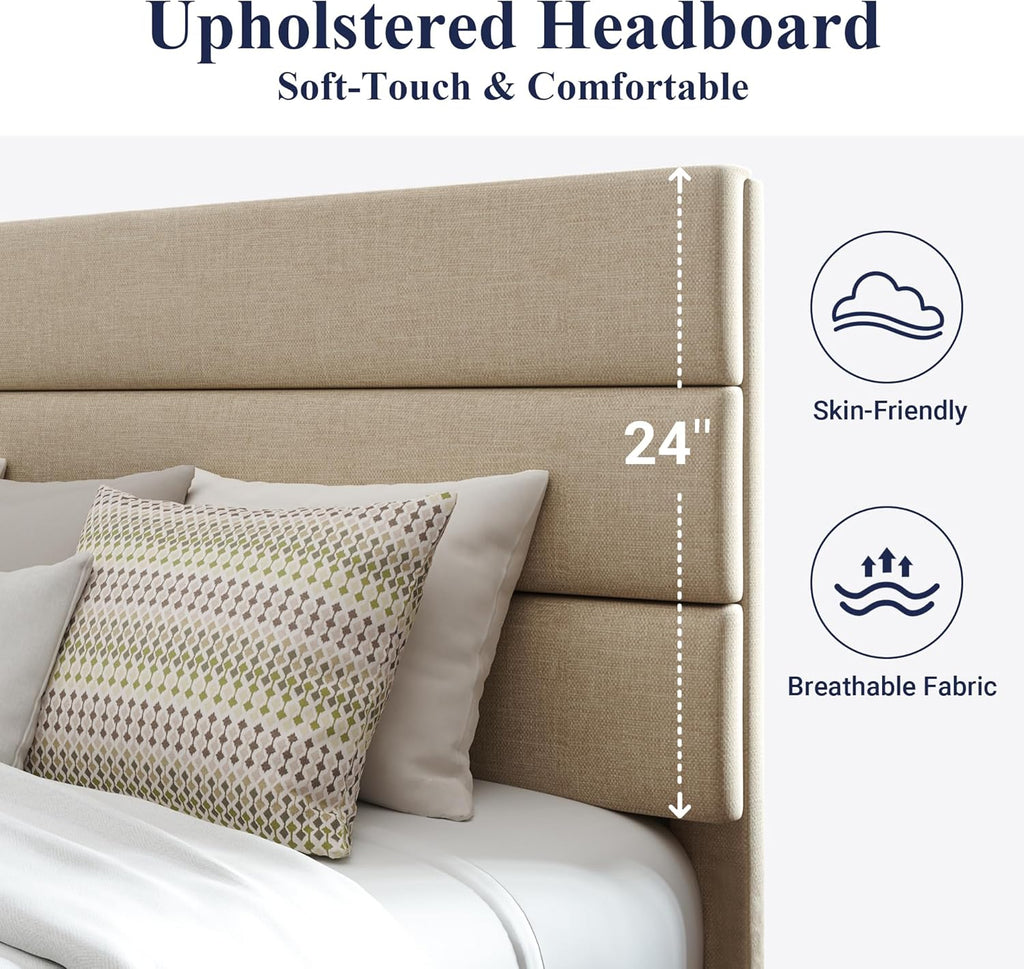 Allewie Queen Size Platform Bed Frame with Fabric Upholstered Headboard Wooden Slats Support wourant