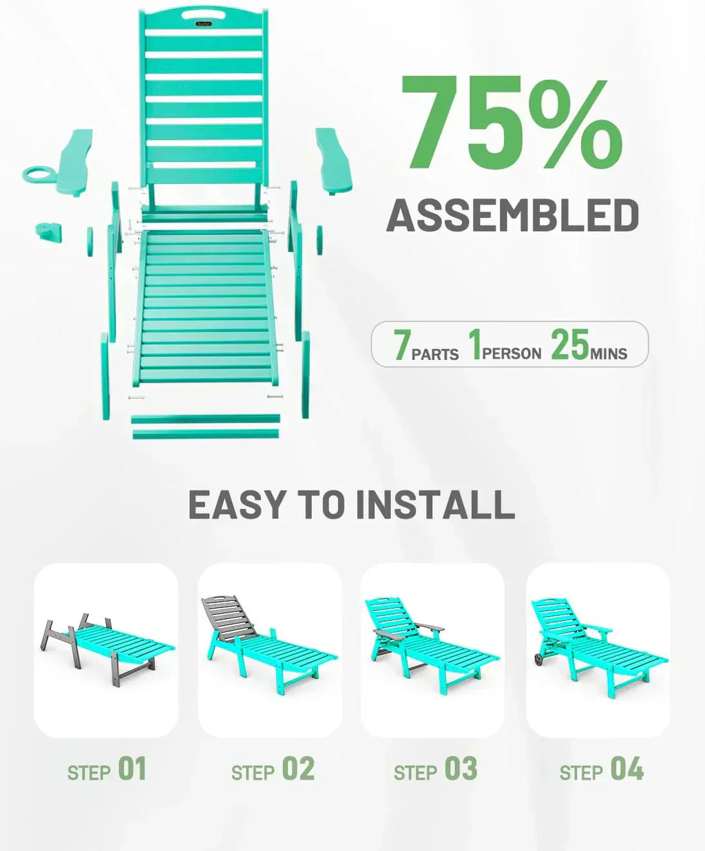 Lounge Chair Outdoor Chaise Lounge HDPE 6-Position Outdoor Chaise Lounge Patio Lounge Chair wourant