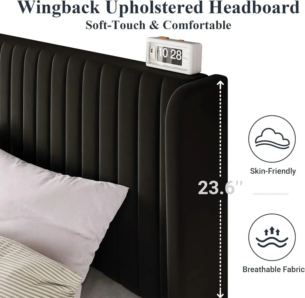 Allewie Full Size Velvet Bed Frame Vertical Channel Tufted Wingback Headboard Upholstered Bed wourant